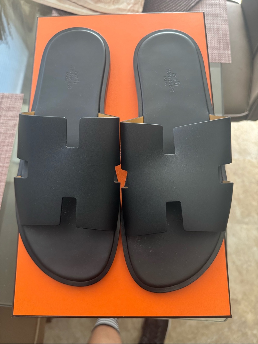 Hermes Men's Black Leather Slide Sandals